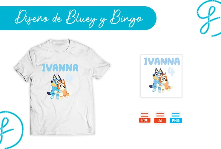 Diseño gratuito de Bluey y Bingo para cumpleaños – Ideal para sublimación y playeras personalizadas