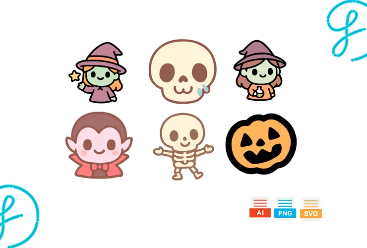 Personajes de Halloween infantiles en vector (bruja, vampiro, esqueleto, calavera y calabaza)