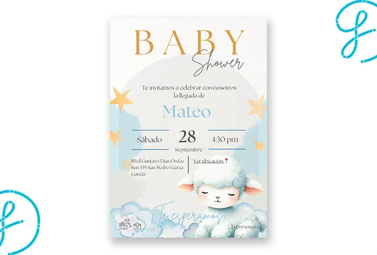 Plantilla de invitación Baby Shower de borreguito (editable, PDF y PNG)