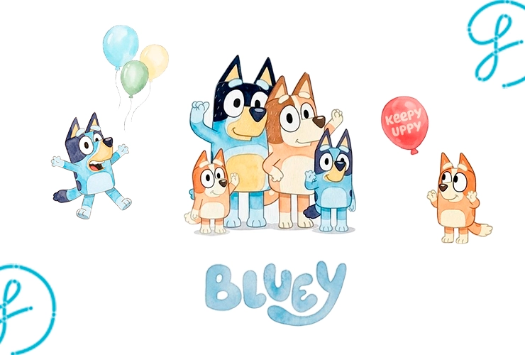 Elementos y personajes de Bluey en estilo acuarela y formato PNG transparente para diseño de invitaciones de cumpleaños infantiles y estampados