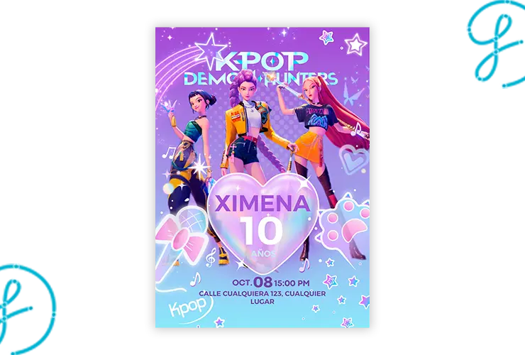 Invitación editable de Guerreras K-Pop con corazón para cumpleaños